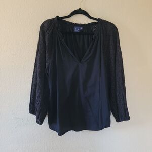 Gap Women Xl Black Boho Peasant Top Sheer Floral Crochet Lace Long Sleeve V Neck